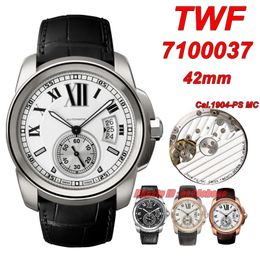 TWF Luxury Watches TW 7100037 Steel 42MM 1904-PS MC Automatic Mens Watch Sapphire Silver Dial Leather Strap Gents Wristwatches