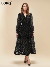 Casual Dresses Fashion Hollow Out Embroidery Spliced Dress Lantern Black Big Swing Women Lace Party Evening Spring 2024