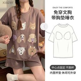 Women's Sleepwear Pajamas home clothing casual cartoon girls simple knitted cotton short sleeved shorts with chest pads khaki color WX