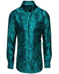 Teal Blue Paisley Silk Shirts Men Long Sleeve Shirt Soft Comfortable Dress Slim Fit Social Business DiBanGu Men039s Casual5510269