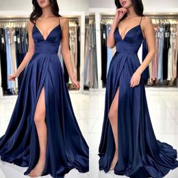 A Navy Prom Blue Line Dress Spaghetti Evening Elegant Thigh Split V Neck Satin Bridesmaid Dresses For Special Ocns es