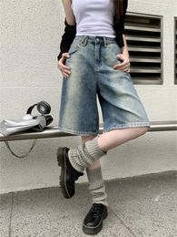 Women's Pants Retro Gradient Blue Denim Shorts Summer Vintage Style Wide Leg Capris Female High Waist Knee-length Casual