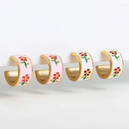 Hoop Earrings Vintage Lovely Flower C Shaped For Women Trendy Open Circle Colourful Enamel Flowers Small Huggies Stud