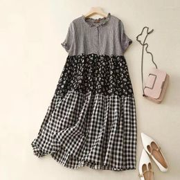 Party Dresses Vintage Chequered Patchwork Short Sleeved Dress 2024 Summer Women Loose Casual O-neck Plaid Soft Cotton Linen