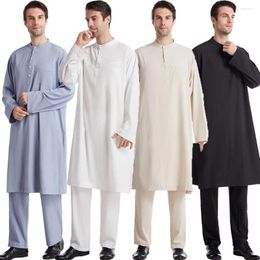 Ethnic Clothing Saudi Arabic Men Tops Pants 2 Piece Set Jubba Thobe Muslim Dress Islam Pakistan Abaya Kaftan Thoub Robe Ramadan Abayas