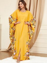Colourful BLACK Middle Eastern Muslim Clothing Yellow Robe Bat Sleeves Loose Dress 240506