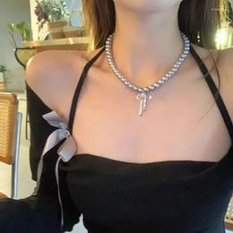Stud Earrings 2024 Korean Choker With Pendant Graceful Bowknot Necklace Gray Pearls Neck Jewelry Accessories Women