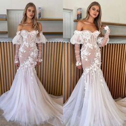 Mermaid Bodice Bone Sweetheart Dresses Lace Wedding Dress Puffy Long Sleeves Appliques Wedding Bridal Gowns