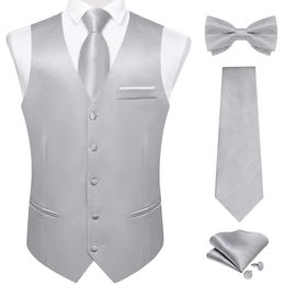 Elegant Grey Solid Suit Vest with Pocket Satin Waistcoat Necktie Bow Tie Handkerchief Cufflinks for Tuxedo Wedding Prom 240507