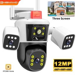 12MP 6K Security Protection IP Camera WiFi Wireless Outdoor Three Lens Three Screens CCTV Video Surveillance PTZ Human Tracking 240422