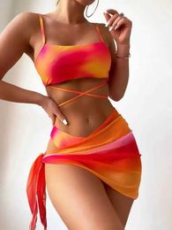 Women's Swimwear 2024 3 Pieces Ombre Lace Up Bikini Swimsuit Beach Skirt Sexy Swimwear Women Bathing Swimming Swim Suit Female Summer Beachwear T240505