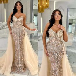 Champagne Mermaid Evening Dubai Arabic Dresses With Overskirt Sweetheart Formal Prom Dress Beading Lace Red Carpet Gown Robe De Soiree