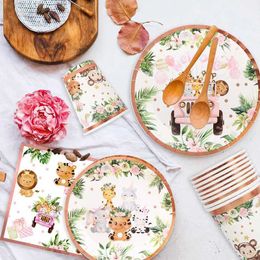 Cups Dishes Utensils New pink jungle animal paper tray paper cup paper towel tablecloth childrens birthday party theme disposable tableware setL2405