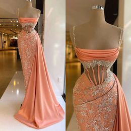 Klänningar sjöjungfru underbar korall kväll elegant illusion bodice spaghetti prom klänning veck paljetter pärlor skräddarsydda formella klänningar för kvinnor