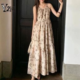 Casual Dresses Y2K Clothes Holiday Vintage Floral Print Backless Midi Long For Women Bow Retro Vacation Chic Boho Sundress Female