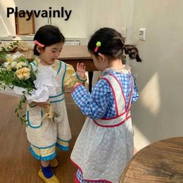 Girl's Dresses Korean Style New Spring Autumn Kids Girls Dress Hollowed Out Embroidery Apron Lace Standing Collar Plaid Set of Two H240507