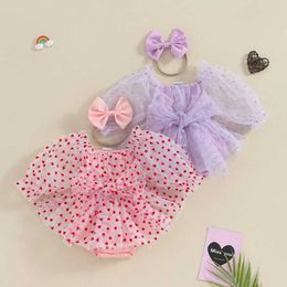 Rompers Valentines Day Dress Infant Girls Clothing Heart Print Puff Sleeve Mesh Tulle Jumpsuit + Headband For Newborn Clothes H240507