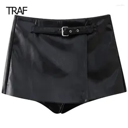 Women's Shorts Mini Faux Leather Skirt Short Spring Summer 2024 Black Mid Waist With Belt Korean Style Skirts