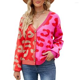 Women's Knits 2024 Autumn Winter Fashion Casual Comfortable Contrast Leopard Print V-Neck Single Breasted Cardigan Sweater