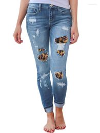 Women's Jeans 2024 Women Stretchy Skinny Ripped Lady Patchwork Leopard Pencil Long Pants Narrow Straight Leg Wrap Hips Casual Trousers