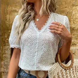 Women's Blouses Hollow Lace Shirts For Women Puff Sleeve Tops Vintage Elegant White Blouse V-neck Solid Shirt Summer Fashion 21385