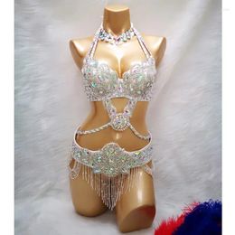 Stage Wear Beaded Crystal Belly Dance Costume For Women Bra Belt Necklace 3pc Set Sexy Bellydancing Suit Bellydance Clothes Outfit