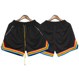 High Street Rhude Shorts Mesh Fabric Rainbow Sports Casual Capris Mens and Womens Loose Basketball Pants Tide