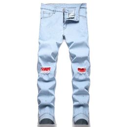Men's Jeans New Arrival Elastic Kn Hole My Jeans Patch Cloth Personality Point Paint Jeans For Men European Hip Hop Long Pants Tnager Y240507