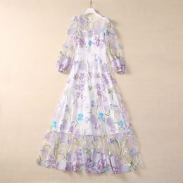 Summer Lavender Floral Embroidery Dress 3/4 Sleeve Round Neck Panelled Long Maxi Casual Dresses S4A250418