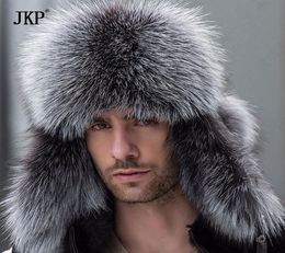 Russian bomber leather hat men winter hats with earmuffs trapper earflap cap man real raccoon fur black fox hatska T2007188713756