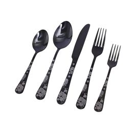 Black Creative Carved Rose Skeleton Skull Stainless Steel Tableware Set with Knife Fork Spoon Five Piece Dinnerware Set 240506