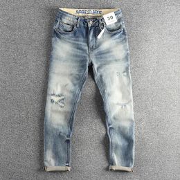 Men's Jeans Vintage American Casual Stretch Denim For Men Spring Ripped Hole Heavy Washed Slim Fit Straight Pants 24SS Y2k Youth Male