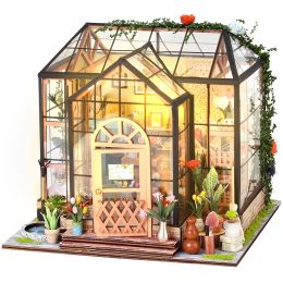 Miniatures DIY Mini House Kit Creative Dollhouse Model with Furniture LED Light 3D Doll House Set for Kids Birthday Easter Flower Shop