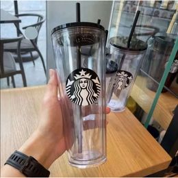 Plastic 24Oz/16Oz Starbucks Mugs Mermaid Double Tumbler Bottom Cup Goddess Gift Lid Reusable Transparent Drinking Flat Tumblers Straw s