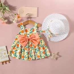 Girl Dresses (0-3 Years Old) Baby Dress Summer Cotton Flower Leaf Strap For Kids Cute Bow Beach With Hat