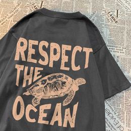 Men's T-Shirts Respect The Ocean Grn Turtle T Shirt Men Oversized Clothes Hip Hop Breathable Short Slve Harajuku Summer Cotton T-Shirt H240506