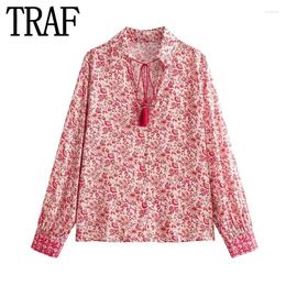 Women's Blouses 2024 Floral Woman Tassel Tied Long Sleeve Shirt Fashion Boho Summer Tops Loose Casual Youth