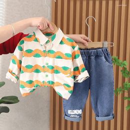 Clothing Sets Children's Fall Spring Set 2024 Boys Polo Neck Fashion Stripe Shirt Korean Version Casual Jeans Pants 2pcs Personalized