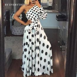 White Party Dress Women Summer 2019 New One Shoulder Polka Dot Sexy Dress Ladies Long Sleeve Tunic A Line Long Dresses For Women12823113