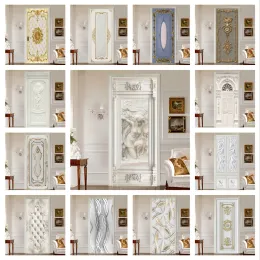 Stickers 3D Relief Woman Door Stickers For Entrance Bedroom Bathroom Carved Flower European Wallpaper Decoration Vinyls Modern Design