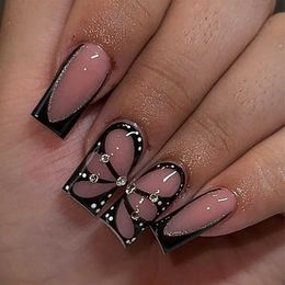 False Nails 24pcs Square False Nails French Butterfly with drill fake nails Full Cover Detachable Nail Tips Press on Nails T240507