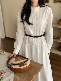 Casual Dresses Spring Women's White Long Shirt Dress With Belt Low Waisted Stand Collar Full Sleeve A-line Maxi 2024