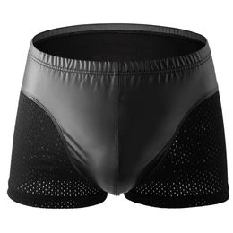 Mens Underwear Boxer Shorts Homme Black Faux Leather Mesh Panties Man Breathable U Convex Pouch Underpants Cueca Calzoncillo 240506