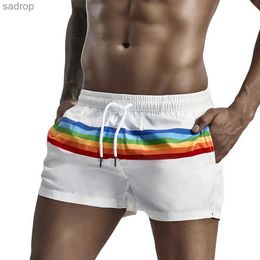 Men's Swimwear Mens Summer Running Beach Shorts Mesh Quick Drying Bottom Casual Sports Shorts Striped Rainbow Swimsuit XW