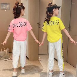 Clothing Sets 2024 Teen Girls Sport Suit Stars Letters Short T-shirt Striped Ankle-tied Pants Children Set Tracksuit Kids 5 8 12 9 14 Years