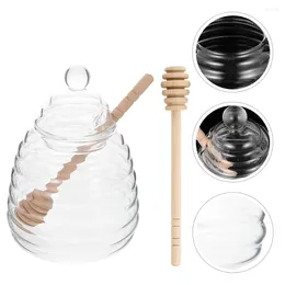 Dinnerware Sets Glass Clear Honey Jar With Dipper Convenient Dispenser Household Container Syrup Pot Transparent Holder