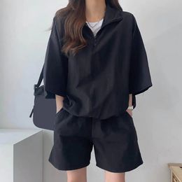 Fashion Womens Set Hooded Flare Short Sleeve Sweatshirt and Shorts Suit Lapel Blouse Two 2 Piece Casual Outfits 240429