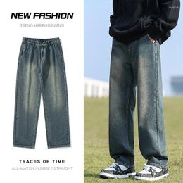 Men's Jeans 2024 Korean Fashion Casual Ankle-Length Classic Man Straight Denim Wide-leg Pants Solid Colour Blue 3XL