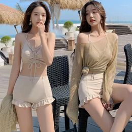 Women's Swimwear Korean Nude Bikini Ladies 3pcs Swimsuit Sexy Cover Belly Split Three Piece Long Sleeve 2024 Fairy Model