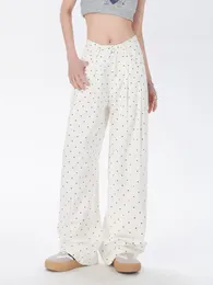 Women's Jeans White Dot Print Straight Women Qigh Quality High Waist Wide Leg Full Length Denim Pants Streetwear 2024